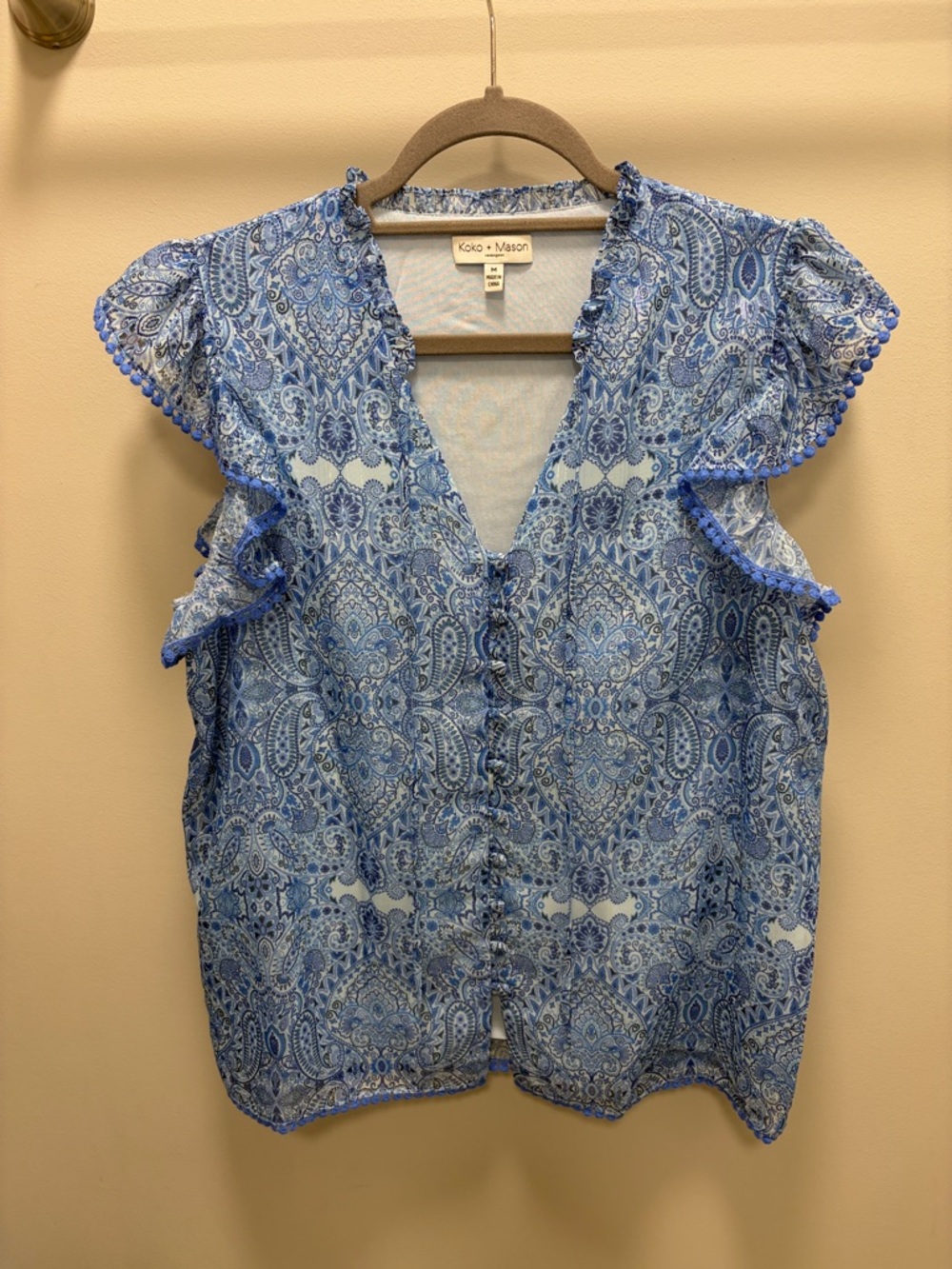 Blue Paisley Koko + Mason Ruffle Sleeve Blouse